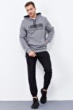Gri Melanj Nakışlı Kanguru Cep Standart Kalıp Kapüşonlu Erkek Sweatshirt - 87839 | XXL