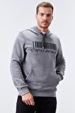 Gri Melanj Nakışlı Kanguru Cep Standart Kalıp Kapüşonlu Erkek Sweatshirt - 87839 | XXL