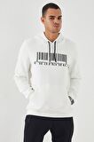 Ekru Nakışlı Kanguru Cep Standart Kalıp Kapüşonlu Erkek Sweatshirt - 87839 | XXL