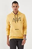 Hardal Nakışlı Kanguru Cep Standart Kalıp Kapüşonlu Erkek Sweatshirt - 87839 | M