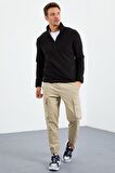 Siyah Yarım Fermuarlı Sweatshirt Slim Fit Dik Yaka Erkek Polar - 87891 | S