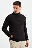 Siyah Yarım Fermuarlı Sweatshirt Slim Fit Dik Yaka Erkek Polar - 87891 | XL