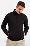 Siyah Yarım Fermuarlı Sweatshirt Slim Fit Dik Yaka Erkek Polar - 87891 | XXL