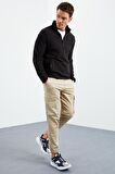 Siyah Yarım Fermuarlı Sweatshirt Slim Fit Dik Yaka Erkek Polar - 87891 | XXL