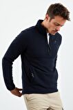 Lacivert Yarım Fermuarlı Sweatshirt Slim Fit Dik Yaka Erkek Polar - 87891 | S
