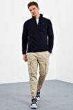Lacivert Yarım Fermuarlı Sweatshirt Slim Fit Dik Yaka Erkek Polar - 87891 | XXL