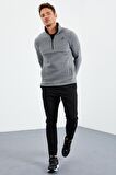 Gri Melanj Yarım Fermuarlı Sweatshirt Slim Fit Dik Yaka Erkek Polar - 87891 | M