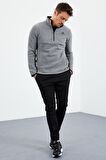 Gri Melanj Yarım Fermuarlı Sweatshirt Slim Fit Dik Yaka Erkek Polar - 87891 | M