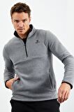 Gri Melanj Yarım Fermuarlı Sweatshirt Slim Fit Dik Yaka Erkek Polar - 87891 | M