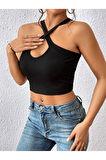 Siyah Renk Degaje Yaka Düz Desensiz Çarpaz Askılı Likralı Fitilli Kaşkorse Crop Top Bluz