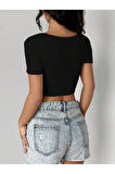 Siyah Renk Degaje Yaka Düz Desensiz Likralı Fitilli Kaşkorse Crop Top Kısa Kollu Bluz