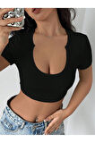 Siyah Renk Degaje Yaka Düz Desensiz Likralı Fitilli Kaşkorse Crop Top Kısa Kollu Bluz