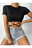 Siyah Renk Bisiklet Yaka Düz Desensiz Likralı İpli Fitilli Kaşkorse Crop Top Kısa Kollu Bluz