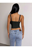 Siyah Renk Kalın Askılı Düz Desensiz Fitilli Likralı Kaşkorse Crop Top Bluz