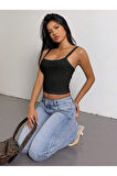 Siyah Renk Kalın Askılı Düz Desensiz Fitilli Likralı Kaşkorse Crop Top Bluz