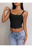 Siyah Renk Kalın Askılı Düz Desensiz Fitilli Likralı Kaşkorse Crop Top Bluz