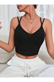 U Yaka Çapraz Askılı Siyah Renk Omzu Sırtı Açık Kolsuz Likralı Fit Crop Top Bluz