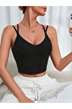U Yaka Çapraz Askılı Siyah Renk Omzu Sırtı Açık Kolsuz Likralı Fit Crop Top Bluz
