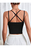 U Yaka Çapraz Askılı Siyah Renk Omzu Sırtı Açık Kolsuz Likralı Fit Crop Top Bluz