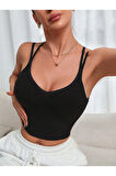 U Yaka Çapraz Askılı Siyah Renk Omzu Sırtı Açık Kolsuz Likralı Fit Crop Top Bluz