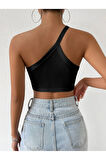 Asimetrik Yaka Siyah Renk Desensiz Fitilli Kolsuz Tek Omuz Askılı Likralı Fit Crop Büstiyer
