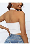 V Yaka Boyundan Askılı Beyaz Renk Desensiz Kolsuz Fitilli Likralı Fit Crop Top Bluz