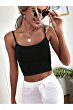 U Yaka Siyah Renk Desensiz Askılı Omzu Açık Fitilli Likralı Fit Crop Top Bluz