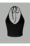 V Yaka Siyah Renk Desensiz Boyun Bağlamalı Fitilli Kısa Kolsuz Likralı Fit Crop Top Bluz