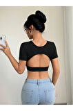 Bisiklet Yaka Siyah Renk Desensiz Sırtı Açık Fitilli Kısa Kol Likralı Fit Crop Top Bluz