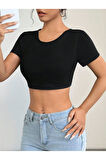 Bisiklet Yaka Siyah Renk Desensiz Sırtı Açık Fitilli Kısa Kol Likralı Fit Crop Top Bluz