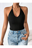 2 Li Paket U Yaka Siyah Beyaz Renk Desensiz Fitilli Kolsuz Askılı Likralı Fit Crop Top Bluz