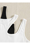 2 Li Paket Asimetrik Yaka Siyah Beyaz Renk Desensiz Fitilli Kolsuz Askılı Likralı Fit Spor Büstiyer