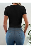 İpli Bisiklet Yaka Siyah Renk Fitilli Kısa Kollu Slim Fit Crop Top Bluz
