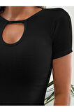 İpli Bisiklet Yaka Siyah Renk Fitilli Kısa Kollu Slim Fit Crop Top Bluz