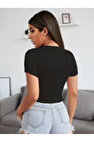 Degaje Bisiklet Yaka Siyah Renk Fitilli Kısa Kollu Slim Fit Crop Top Bluz