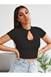 Degaje Bisiklet Yaka Siyah Renk Fitilli Kısa Kollu Slim Fit Crop Top Bluz