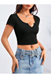 Geniş U Yaka Siyah Renk Fitilli Kısa Kollu Slim Fit Crop Top Bluz