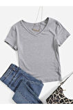 V Yaka Gri Renk Fitilli Kısa Kollu Slim Fit Crop Top Bluz