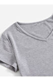 V Yaka Gri Renk Fitilli Kısa Kollu Slim Fit Crop Top Bluz