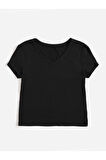 V Yaka Siyah Renk Fitilli Kısa Kollu Slim Fit Crop Top Bluz