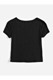 V Yaka Siyah Renk Fitilli Kısa Kollu Slim Fit Crop Top Bluz