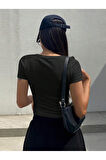 U Yaka Siyah Renk Fitilli Kısa Kollu Slim Fit Crop Top Bluz