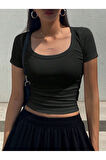 U Yaka Siyah Renk Fitilli Kısa Kollu Slim Fit Crop Top Bluz
