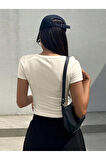 U Yaka Beyaz Renk Fitilli Kısa Kollu Slim Fit Crop Top Bluz