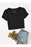 V Yaka Siyah Renk Fitilli Kısa Kollu Regular Crop Top Bluz
