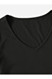 V Yaka Siyah Renk Fitilli Kısa Kollu Regular Crop Top Bluz