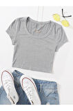 U Yaka Gri Renk Fitilli Kısa Kollu Regular Crop Top Bluz