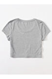 U Yaka Gri Renk Fitilli Kısa Kollu Regular Crop Top Bluz