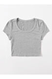 U Yaka Gri Renk Fitilli Kısa Kollu Regular Crop Top Bluz