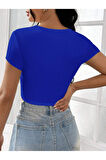 Kare Yaka Mavi Renk Fitilli Kısa Kollu Slim Fit Crop Top Bluz